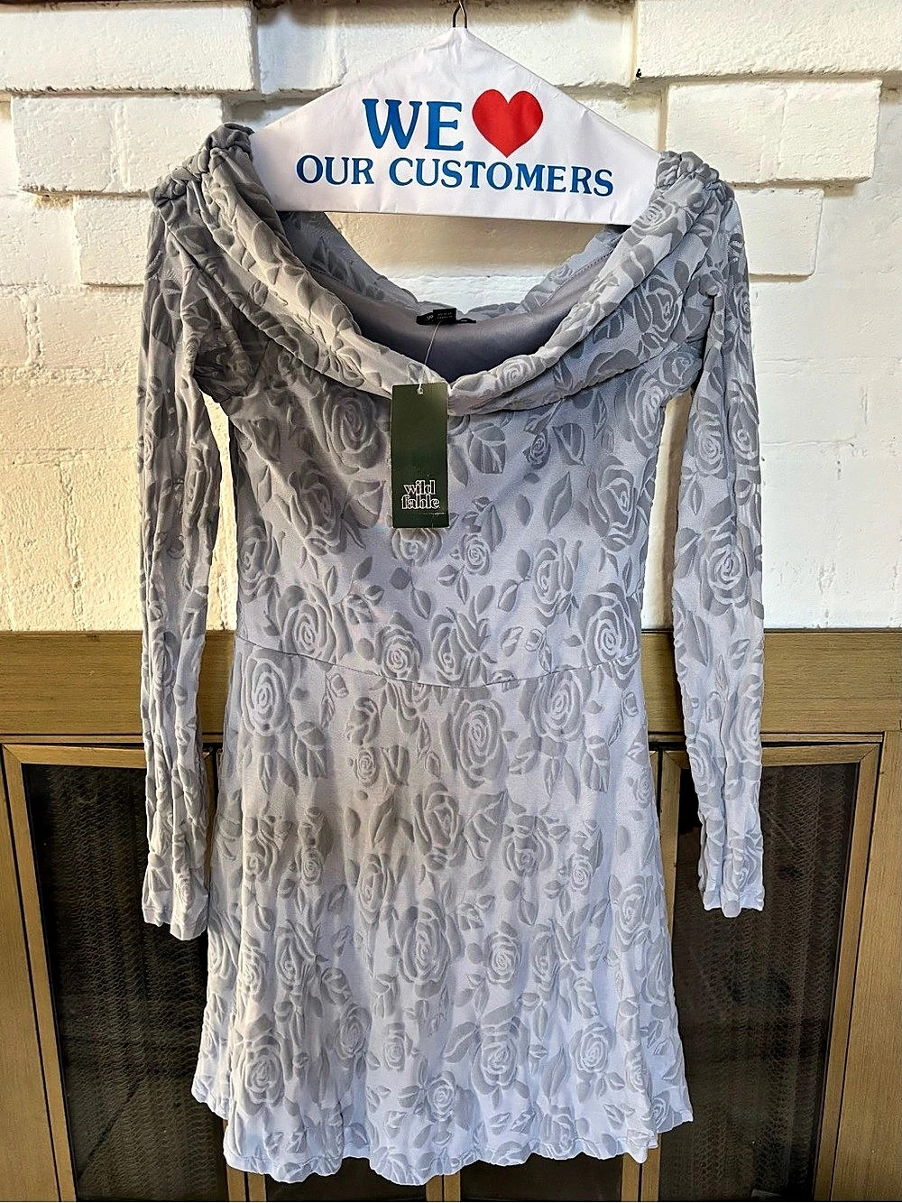 Wild Fable Off-the-Shoulder Velvet Rose Burnout Mini Dress Blue NWT